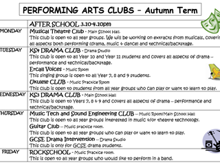 PERFORMING ARTS CLUBS – Autumn Term