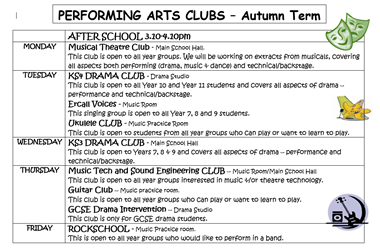 PERFORMING ARTS CLUBS – Autumn Term